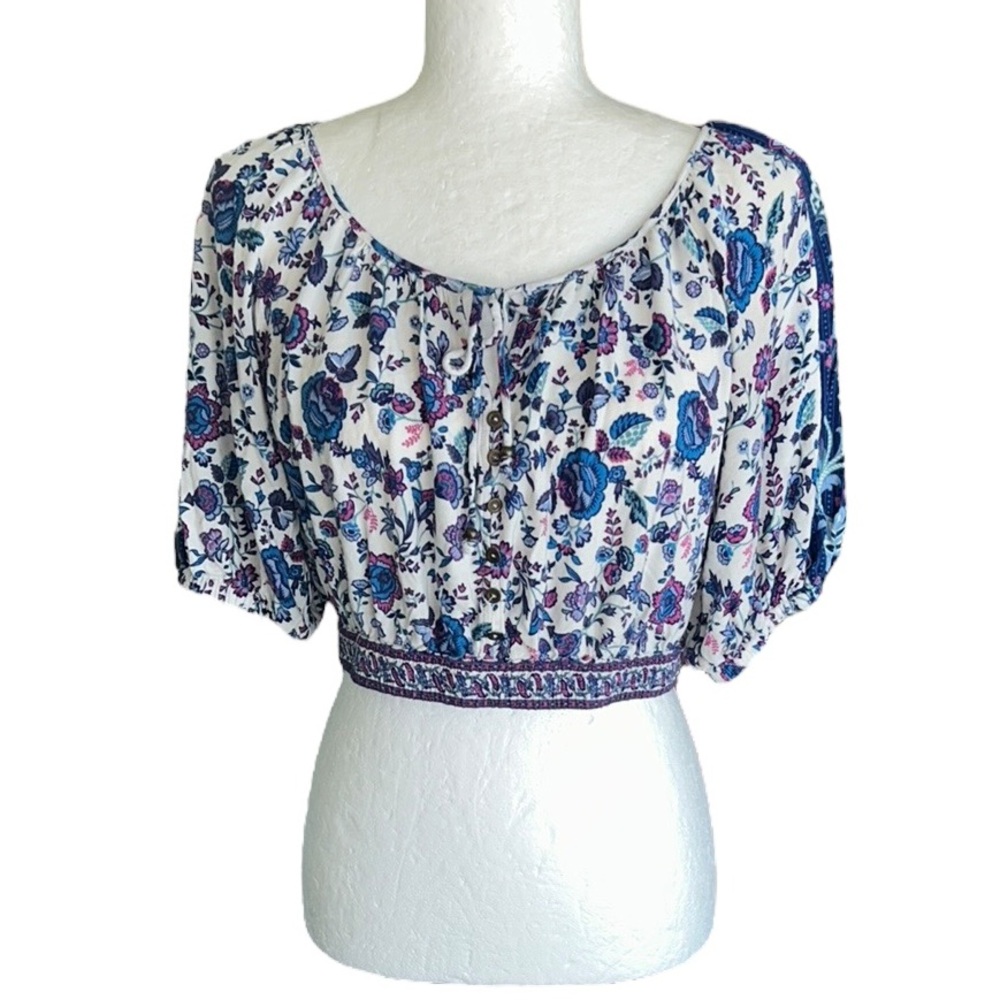 JOIE Blue & Purple Floral Print Tie Neck Puff Sleeve Cropped Top - S